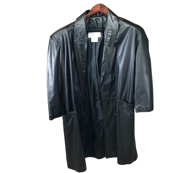 Vintage Charles Klein Womens Leather Trench Cota Small Black Button Front Biker - Picture 1 of 16